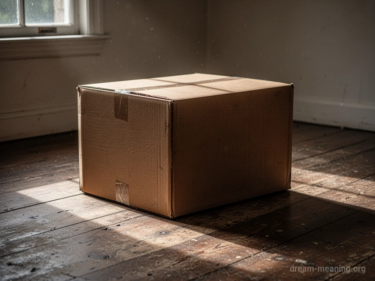 A large cardboard box rests on a wooden floor with a shadow extending from it.