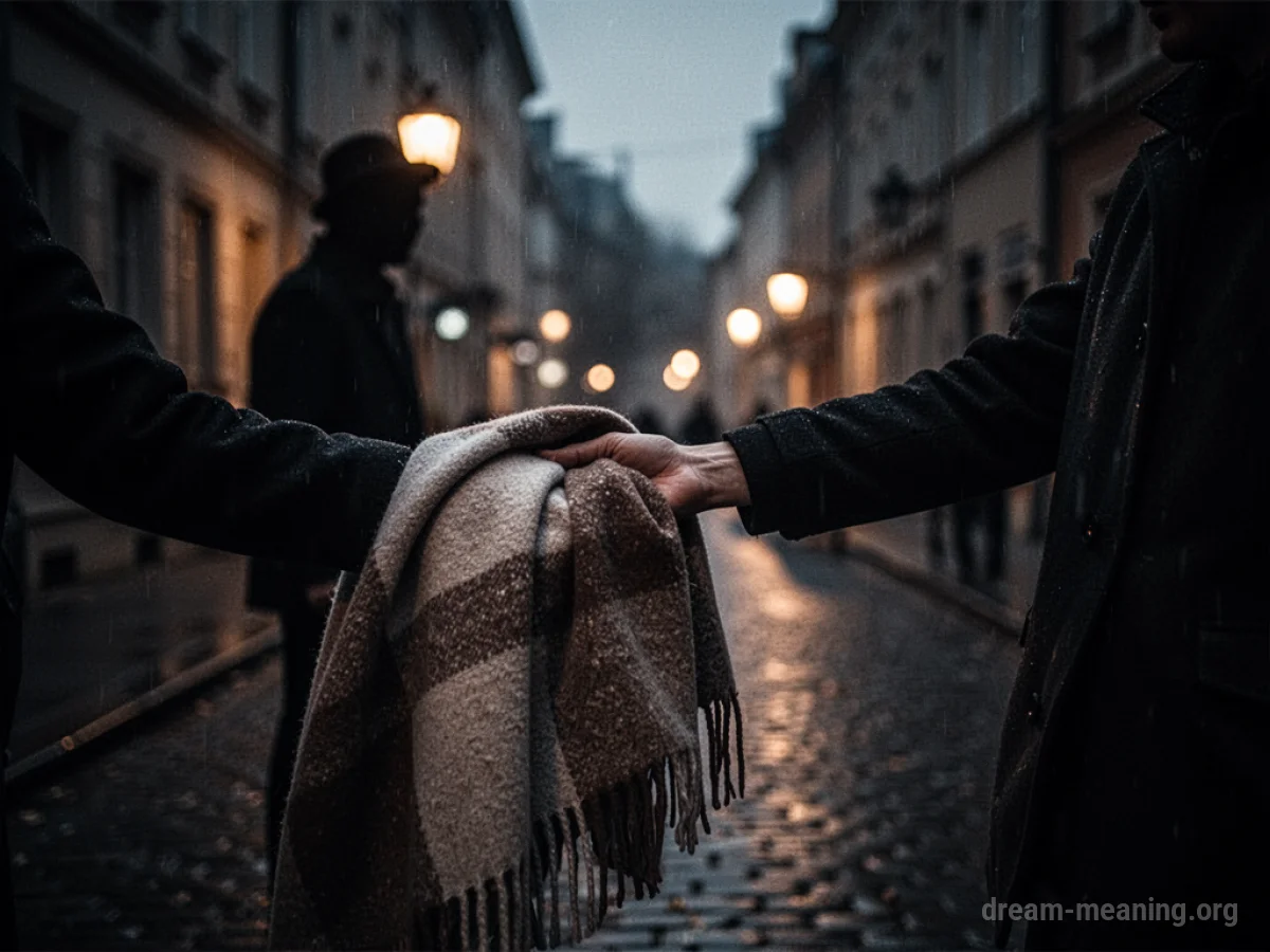 A hand extends a blanket towards a shadowed person.