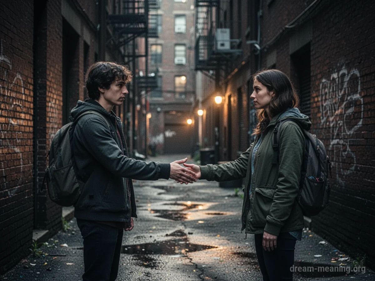A hand reaching out to another person in a dark alley.