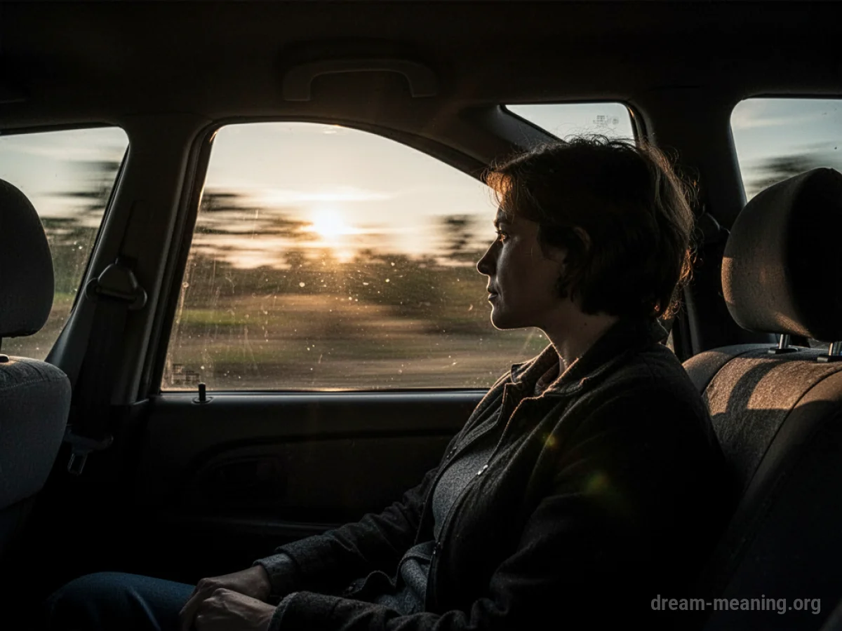 Silhouette of a person in a car passenger seat looking out the window.