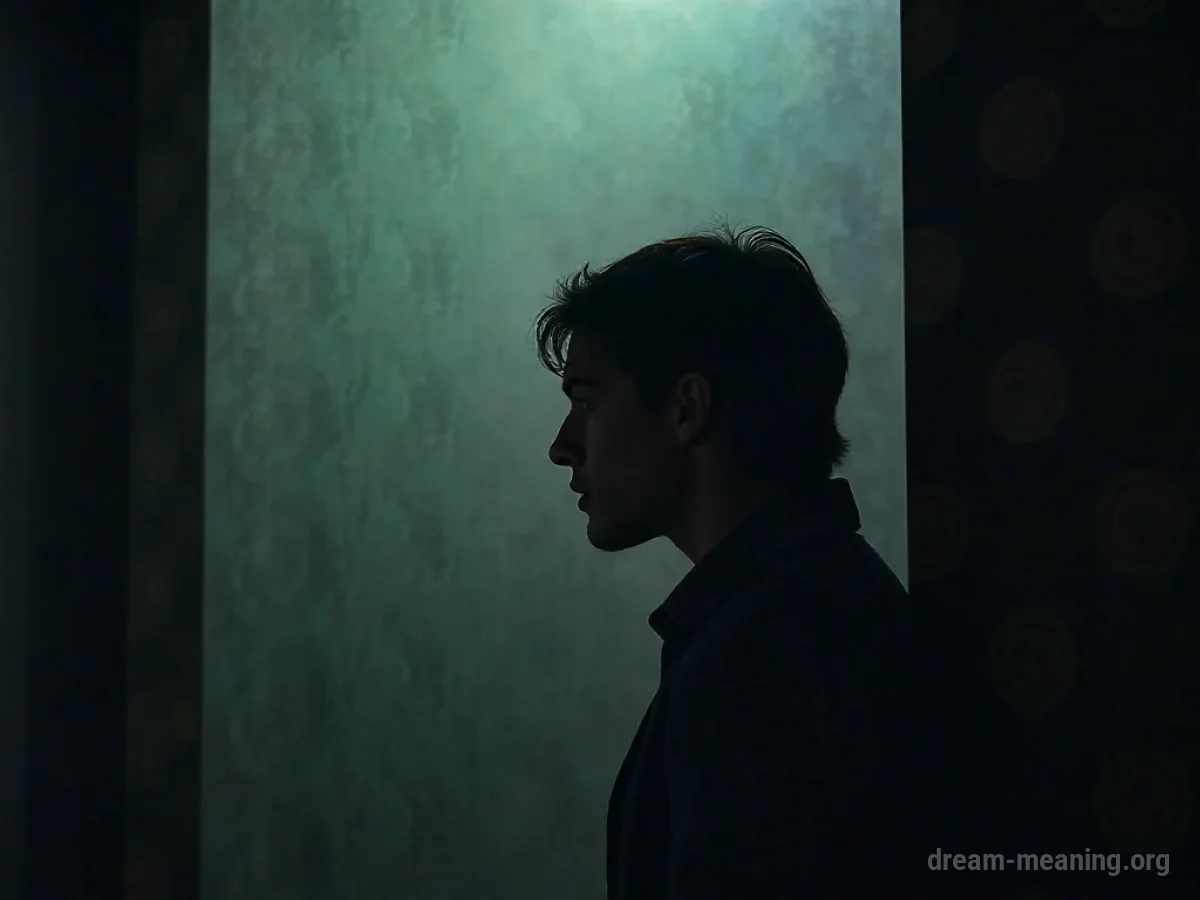 A silhouette of a person's head visible from behind a large, dark shape.