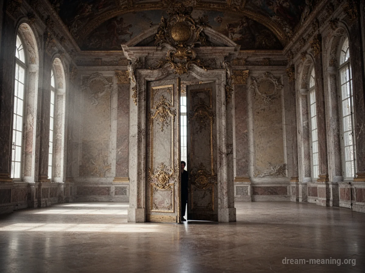 Silhouette of a person peeking from behind a large, decorative column in a dimly lit palace corridor.