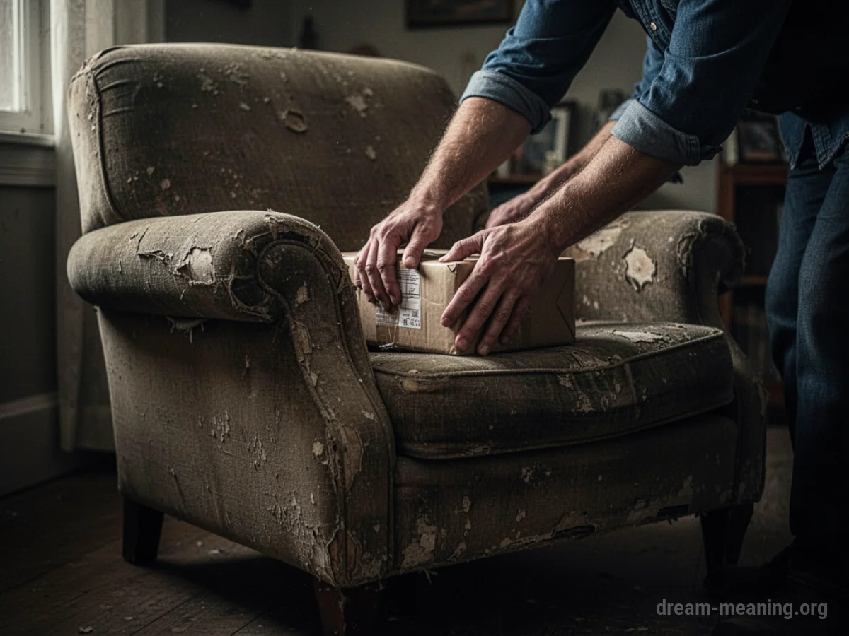 Hands hiding a package behind an armchair.