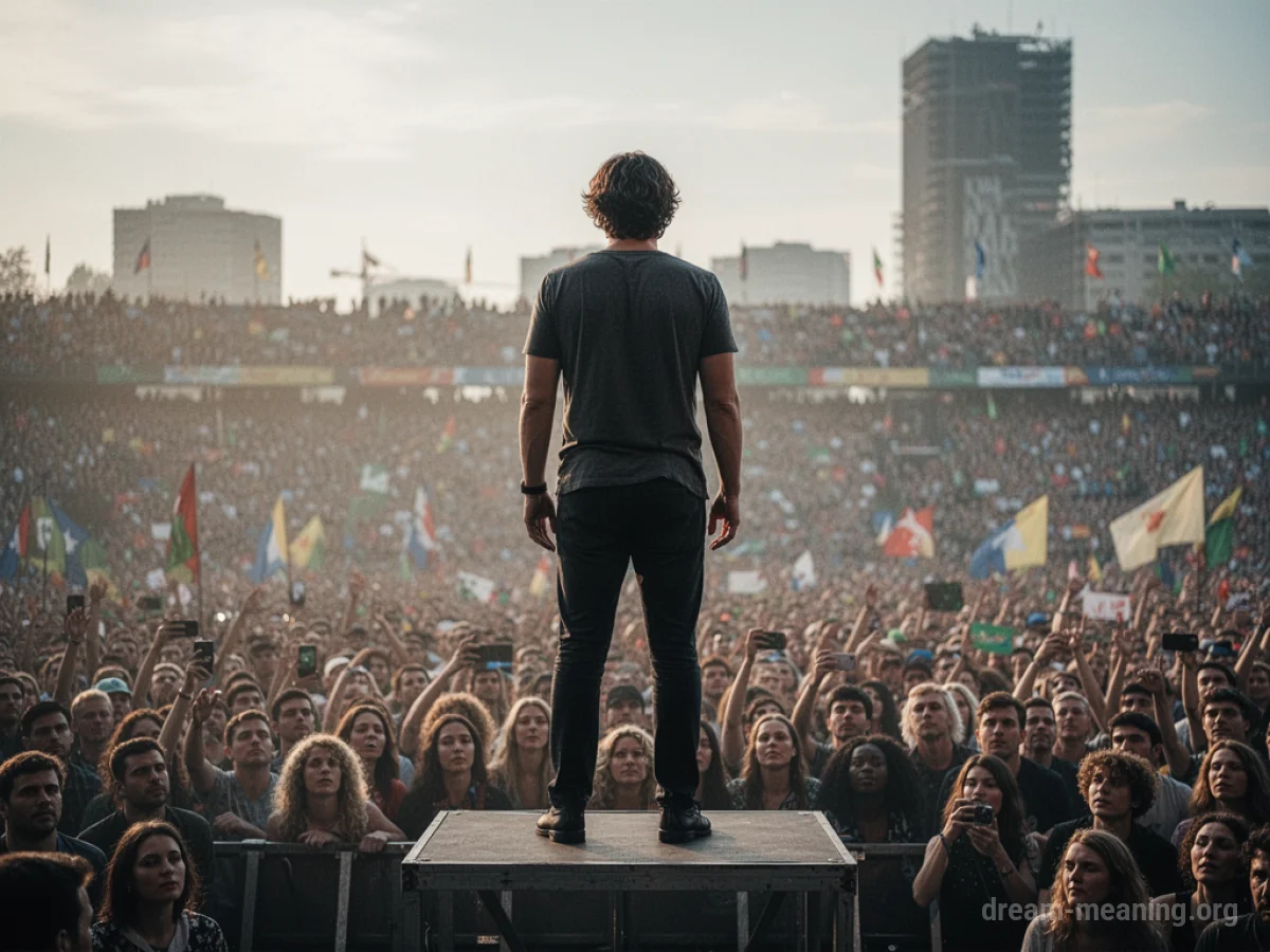 A person stands on a raised platform above a blurred crowd.