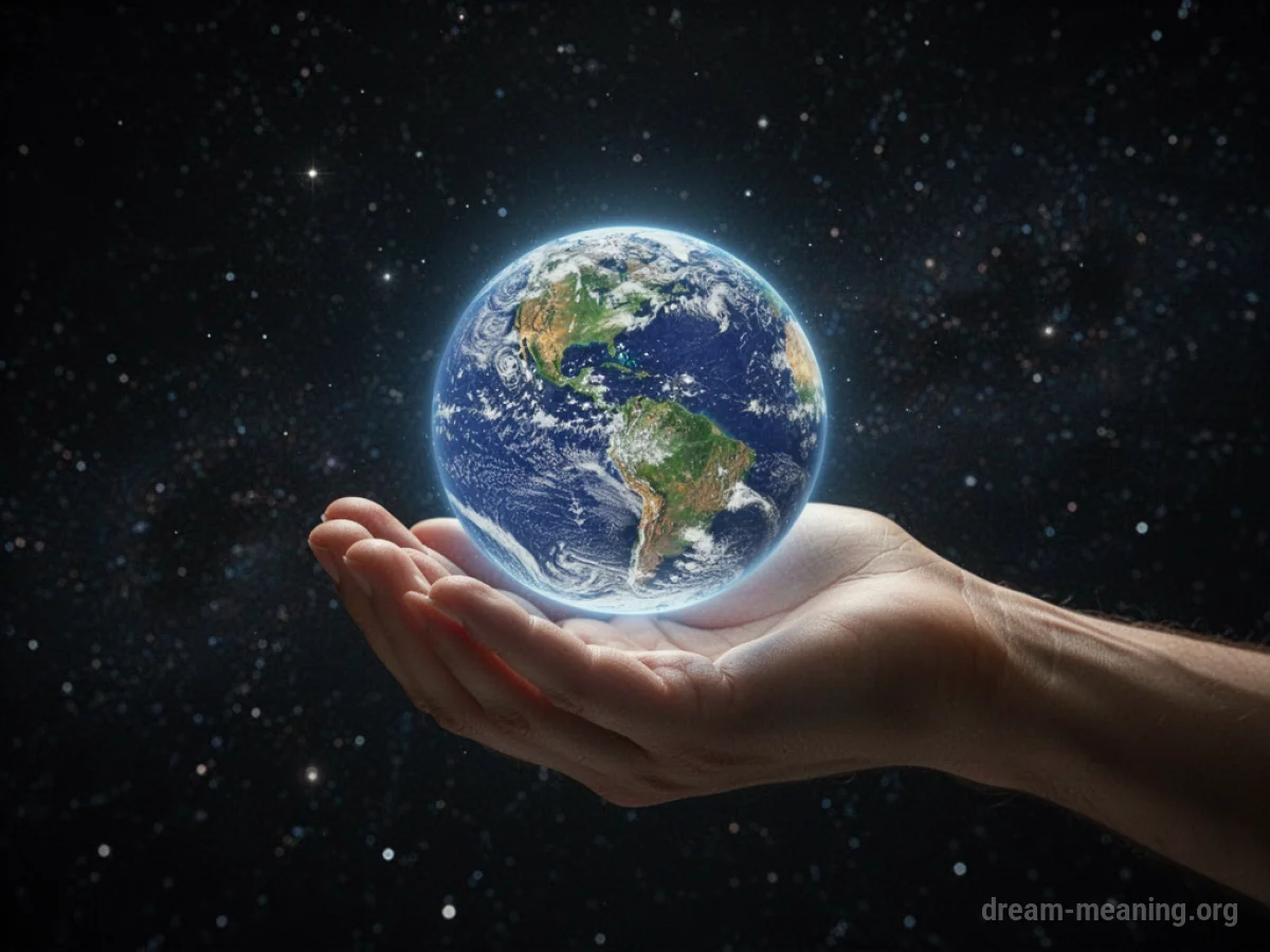 A hand holding a miniature planet against a backdrop of stars.