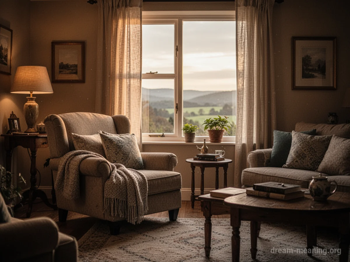 A cozy living room with soft lighting and a view of nature through a window.