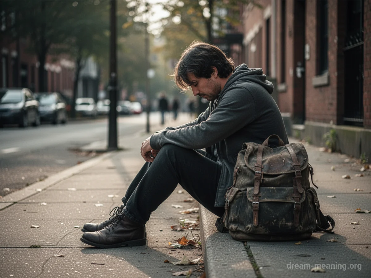 A person sitting alone on a sidewalk with a backpack beside them.