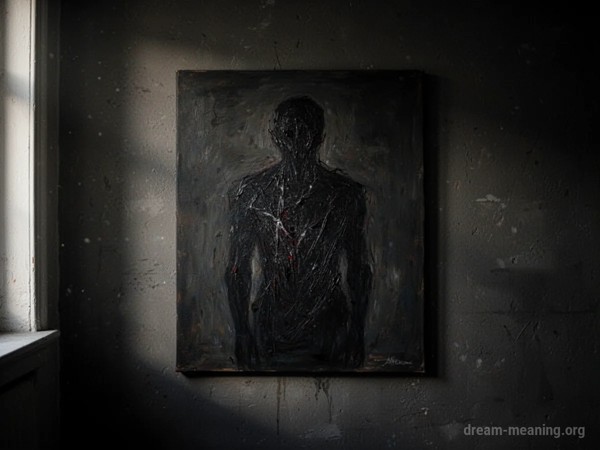 An abstract, unsettling painting hanging on a dark wall.