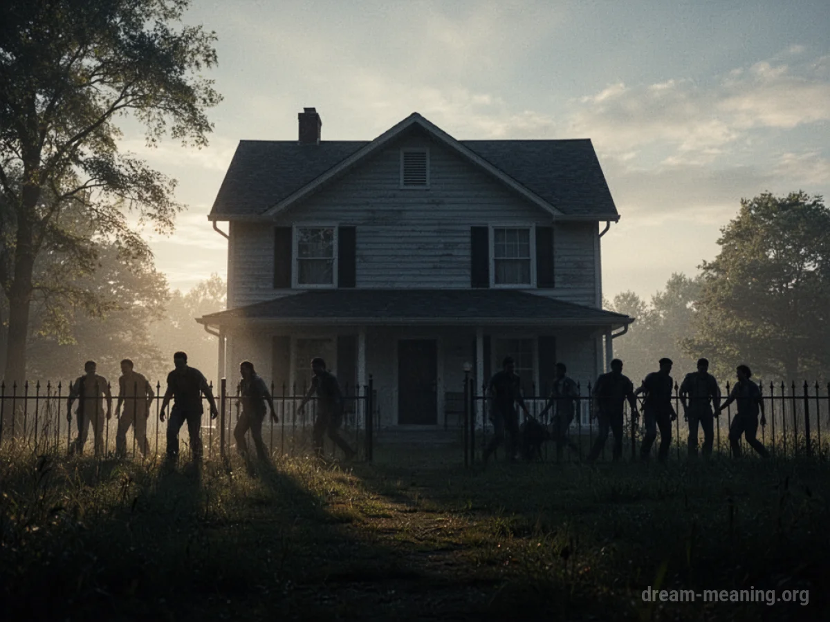 Silhouette of a house with indistinct figures near its boundary.
