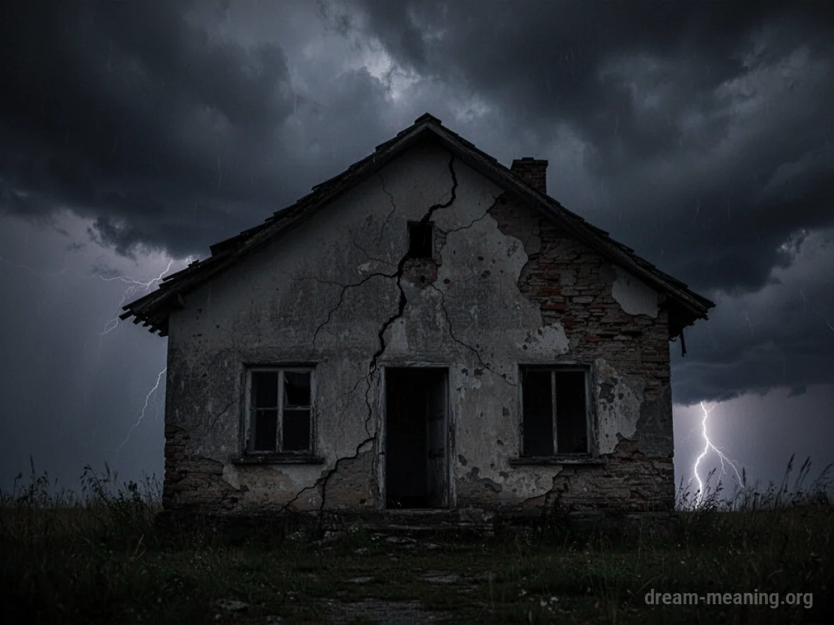 A silhouette of a house with structural damage, set against a stormy sky.