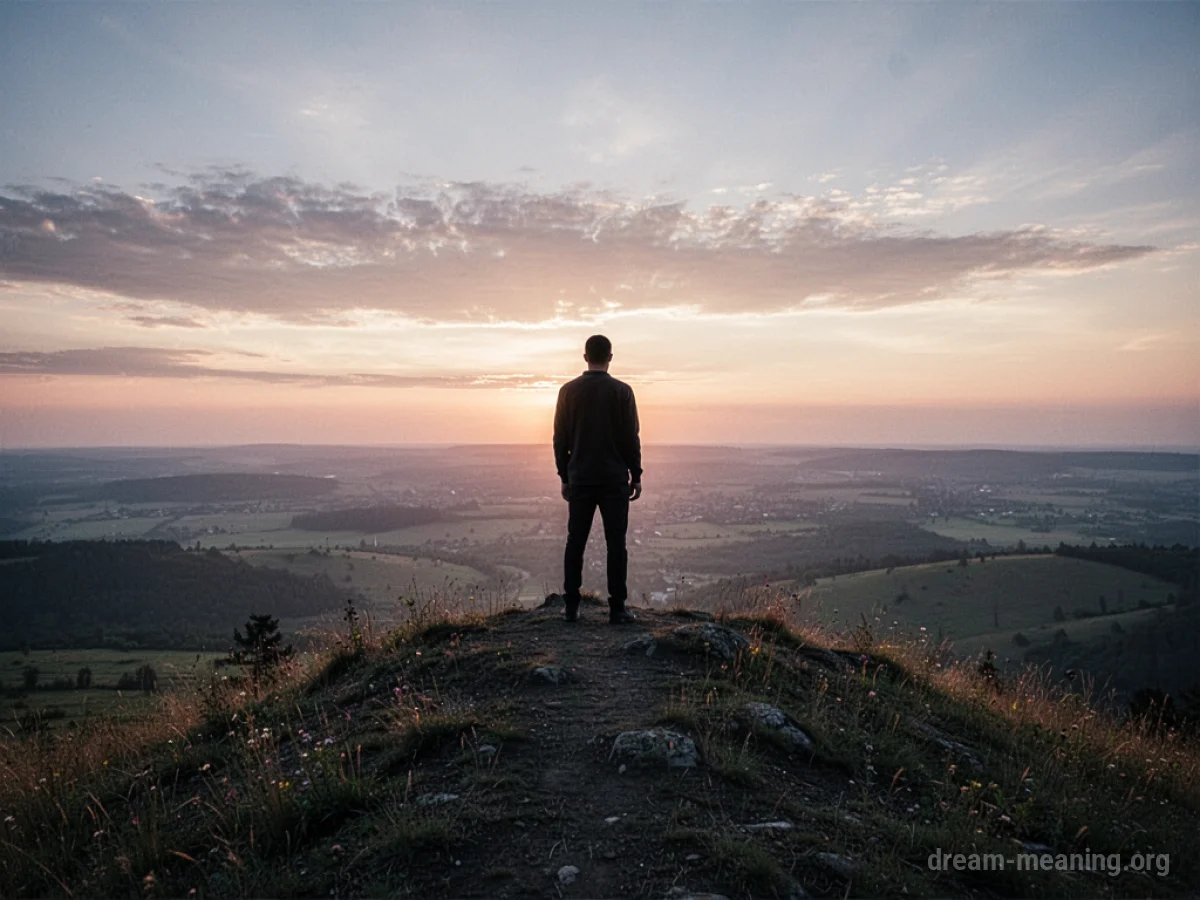 Silhouette of a person standing on a hill overlooking a valley at sunrise.