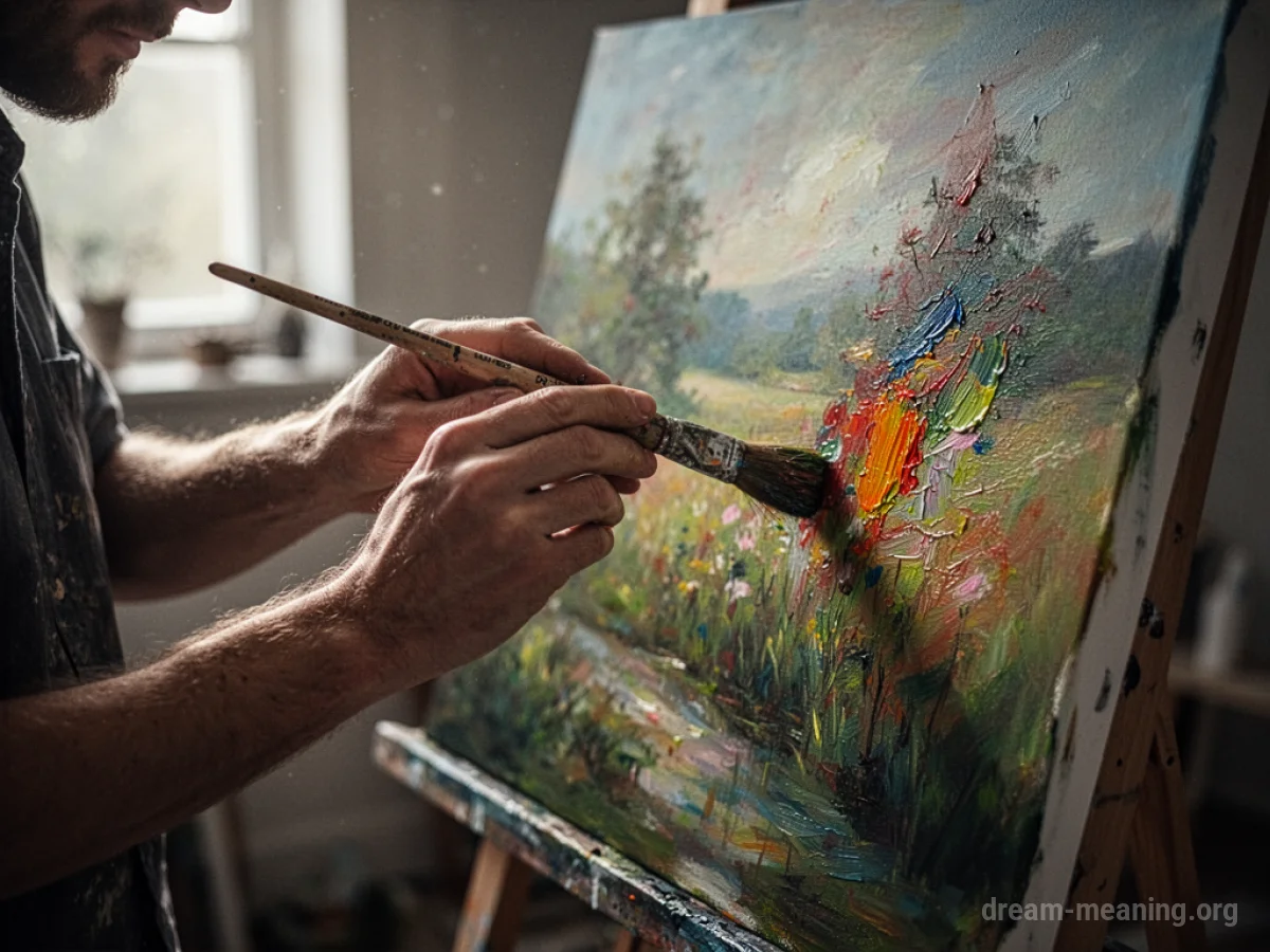 Hands holding a paintbrush applying color to a blank canvas.