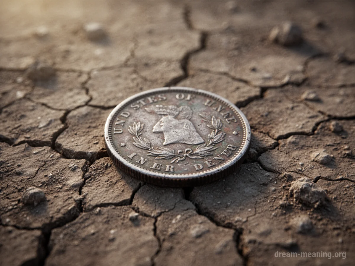 A single coin on dry, cracked ground.