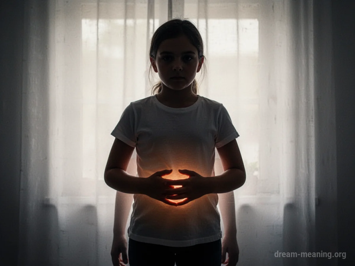 Silhouette of a person with hands on abdomen against a horizon.