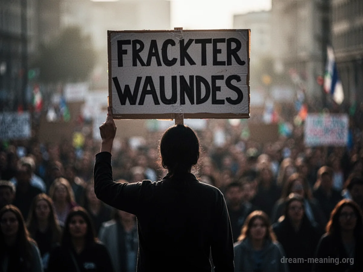 Silhouette of a person holding a sign in front of a blurry crowd.