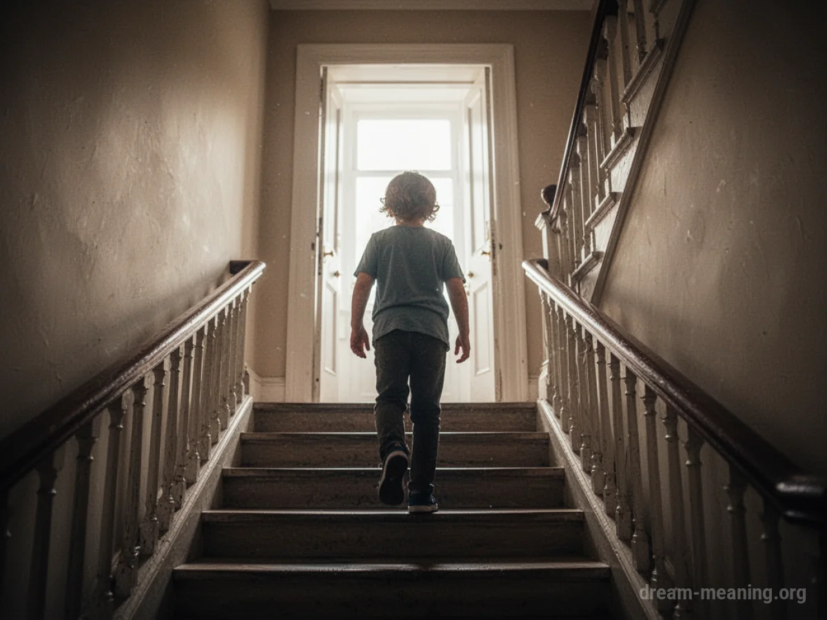 A figure walking up stairs towards a glowing opening.