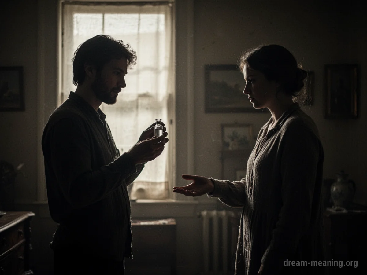 Two silhouetted figures in a dark room, one holding a small vial.