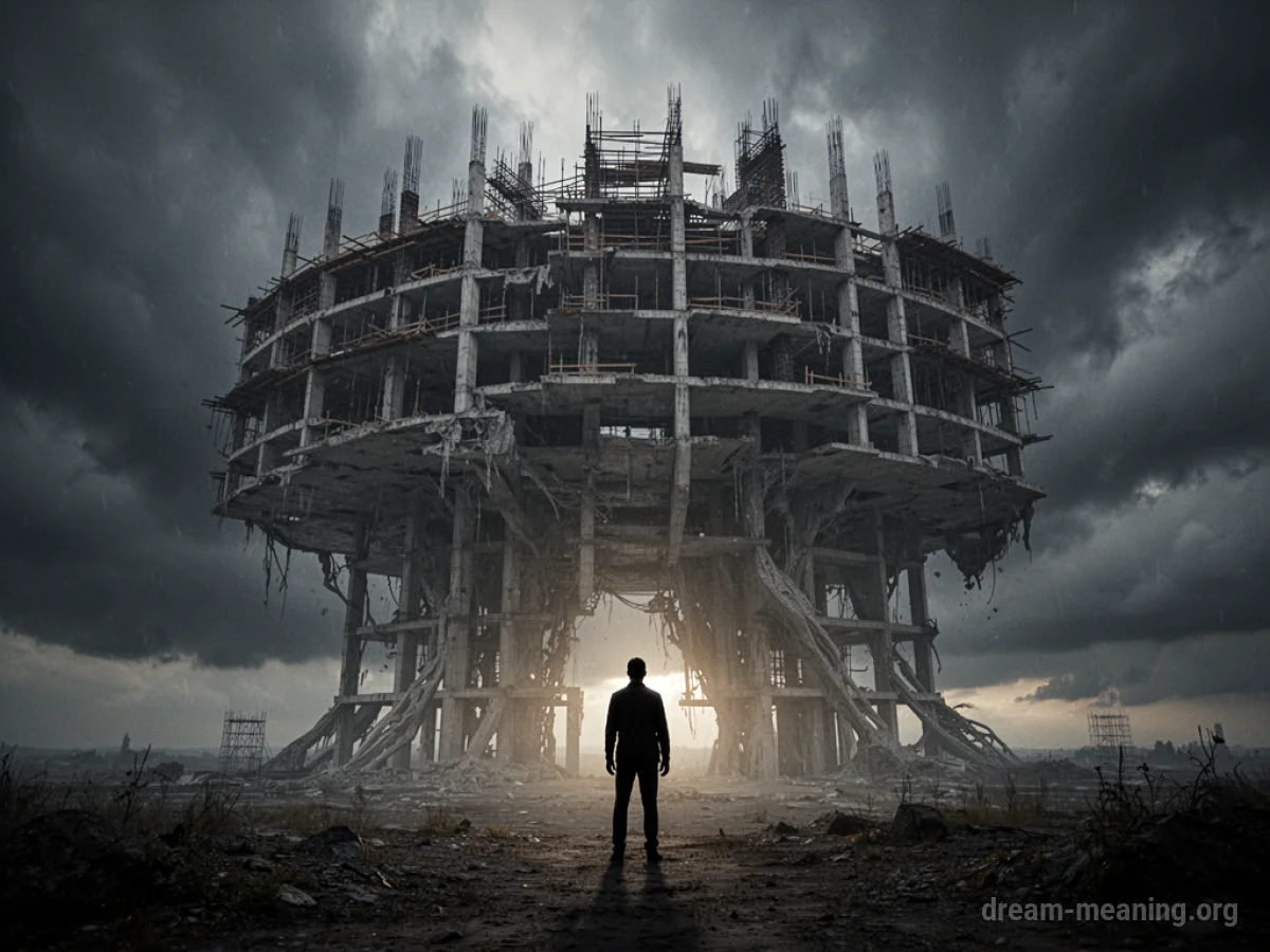 A person looking at a massive, unfinished, and structurally unsound building.