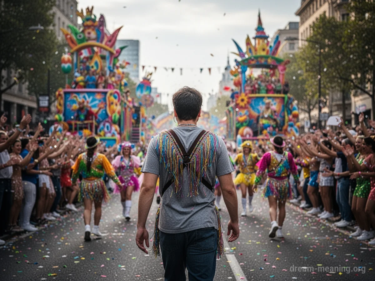 A person walks down a street in a parade, surrounded by festive decorations and blurred figures.