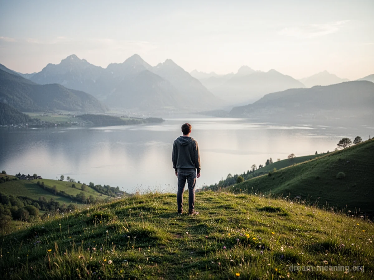 A person overlooks a tranquil, vibrant landscape.