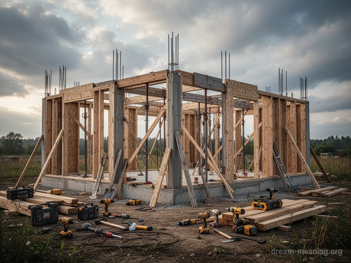 A half-finished construction project with tools lying nearby.