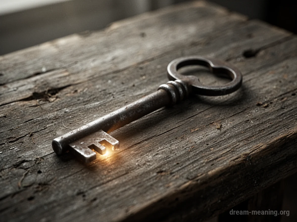 An antique key lying on a wooden table.