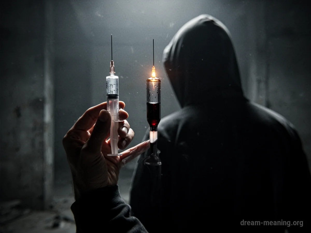 Silhouette of a person holding a syringe with dark liquid.