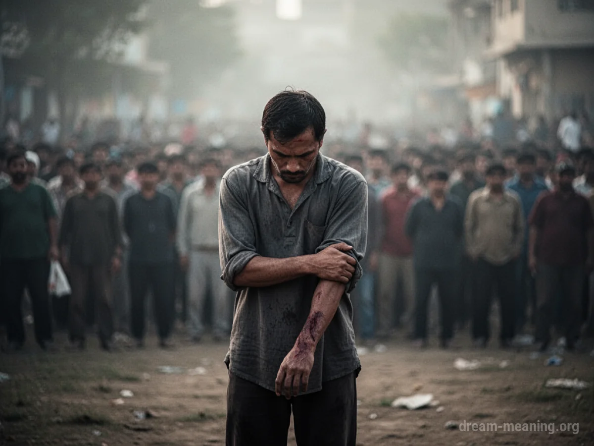 A lone figure in a distant crowd holding their arm.