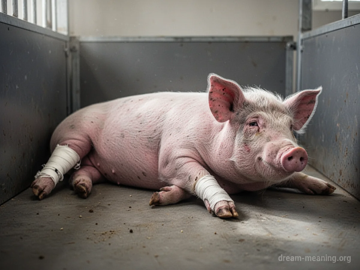 A pig with a bandaged leg resting in a pen.