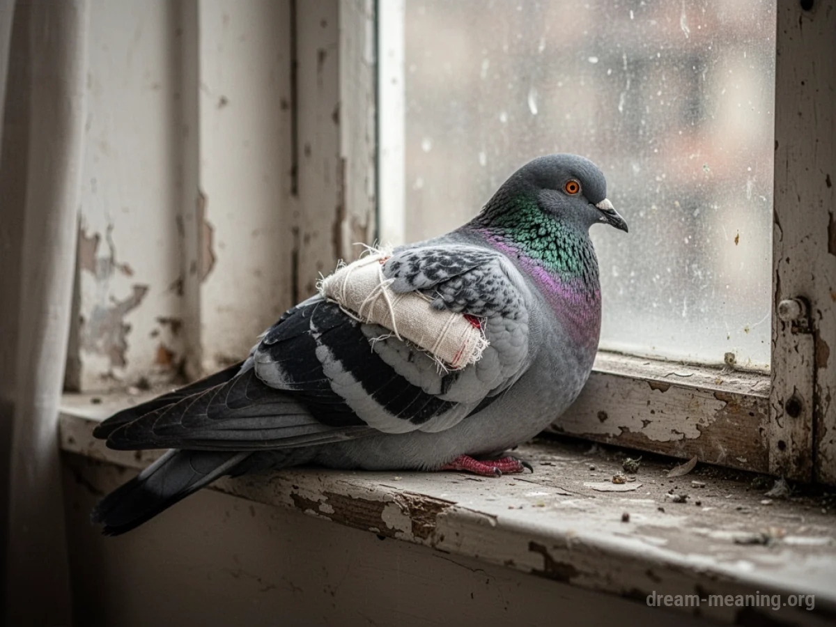 A pigeon with a bandaged wing sits on a windowsill.