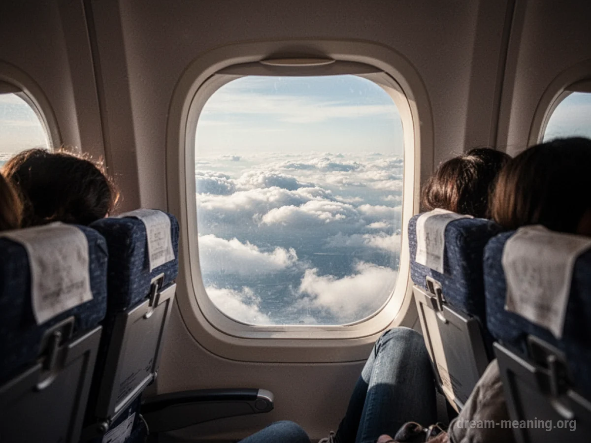 View from a passenger seat inside an airplane cabin, looking out the window at clouds.