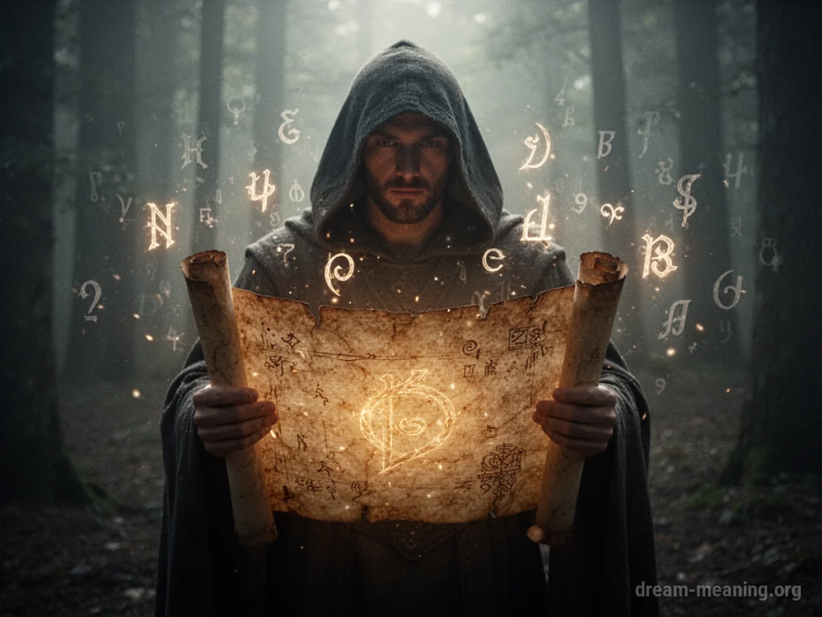 A silhouette of a person holding a glowing scroll with faint symbols in the air.
