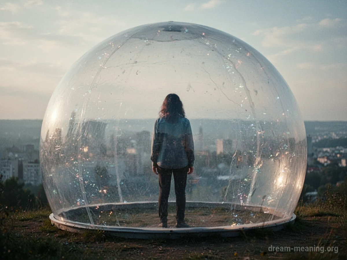 A person inside a transparent dome with the outside world blurred.