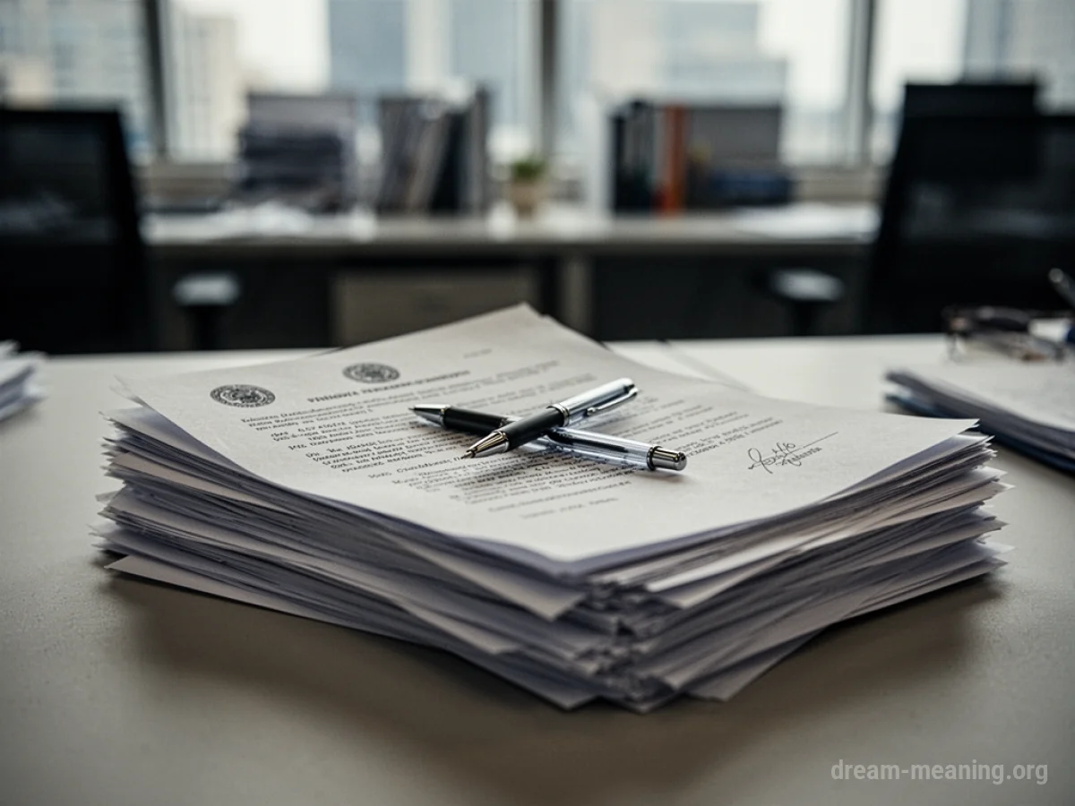 A stack of papers and a pen on a desk in an office setting.