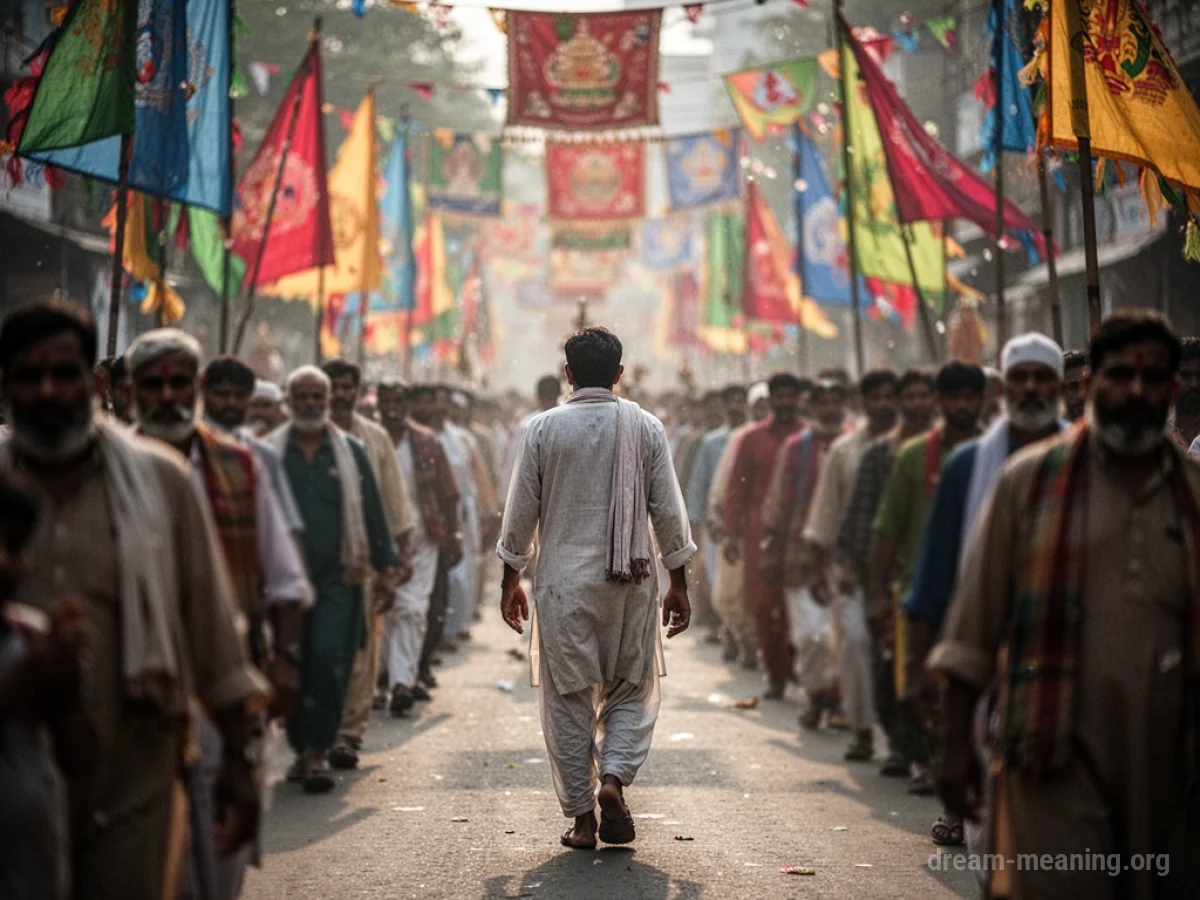 A person walks in a parade with many other people and colorful decorations.