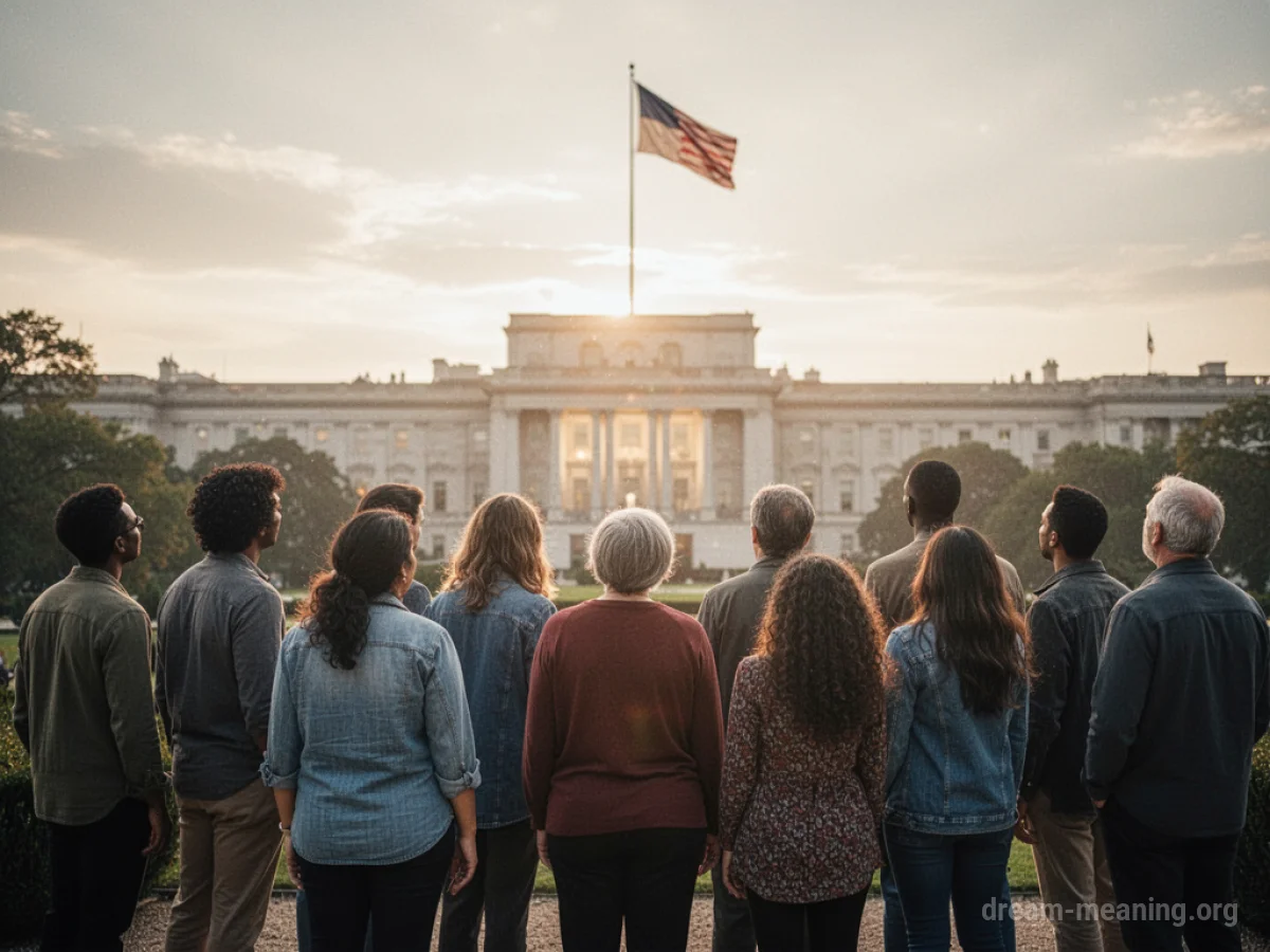 Silhouettes of people standing in a line, facing a large, illuminated building.