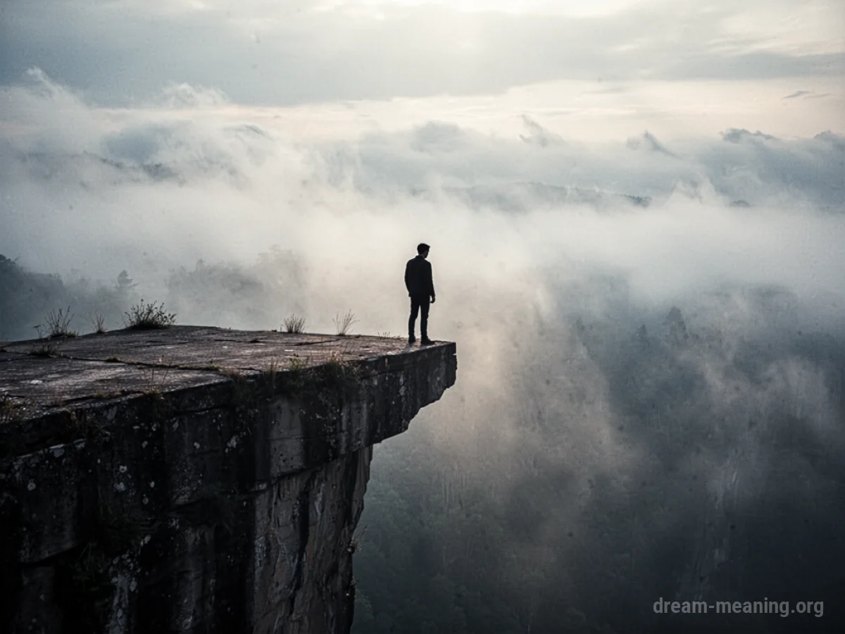 Silhouette figure at the edge of a high platform looking down into mist.