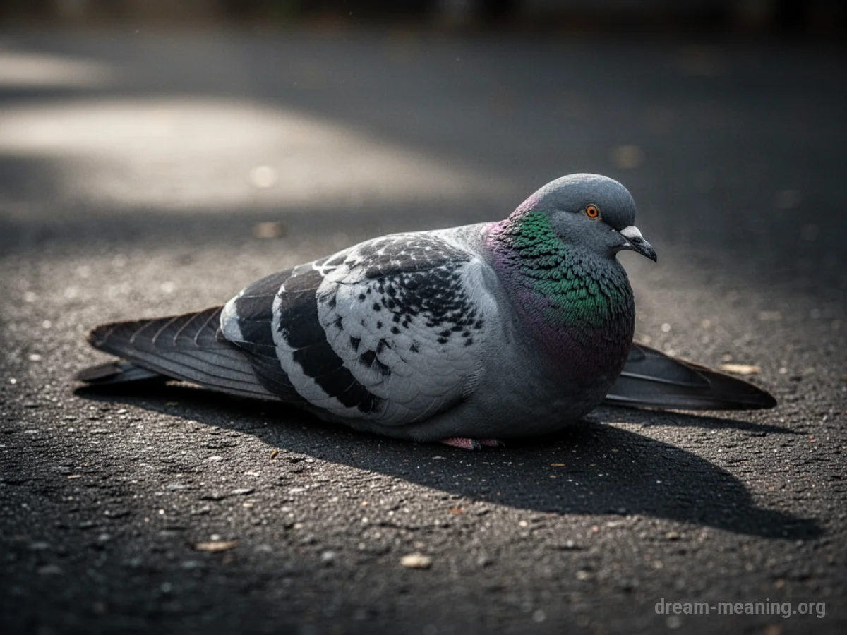 A still pigeon on a dark surface.
