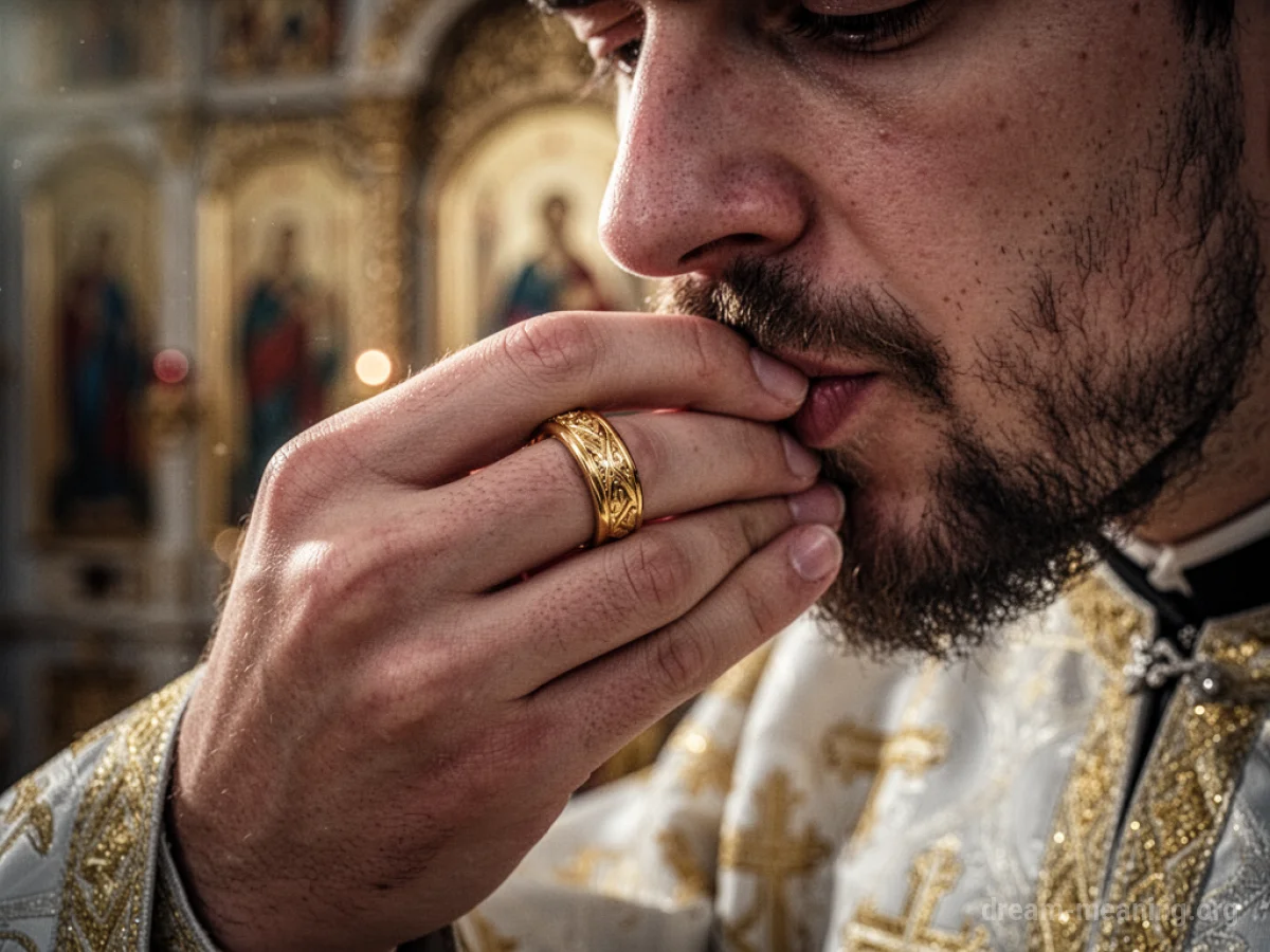 A person's hand kissing a ornate ring.