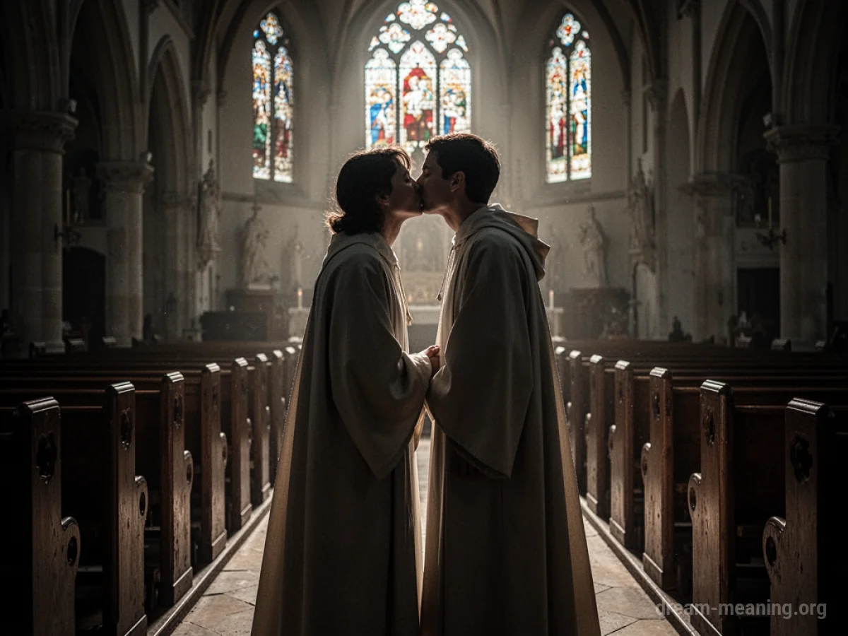 Silhouette of a person kissing a robed figure.