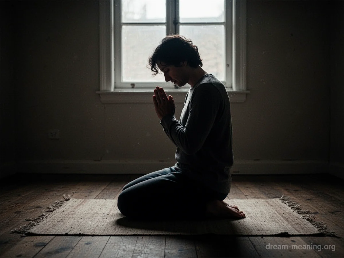 Silhouette of a person kneeling with clasped hands.