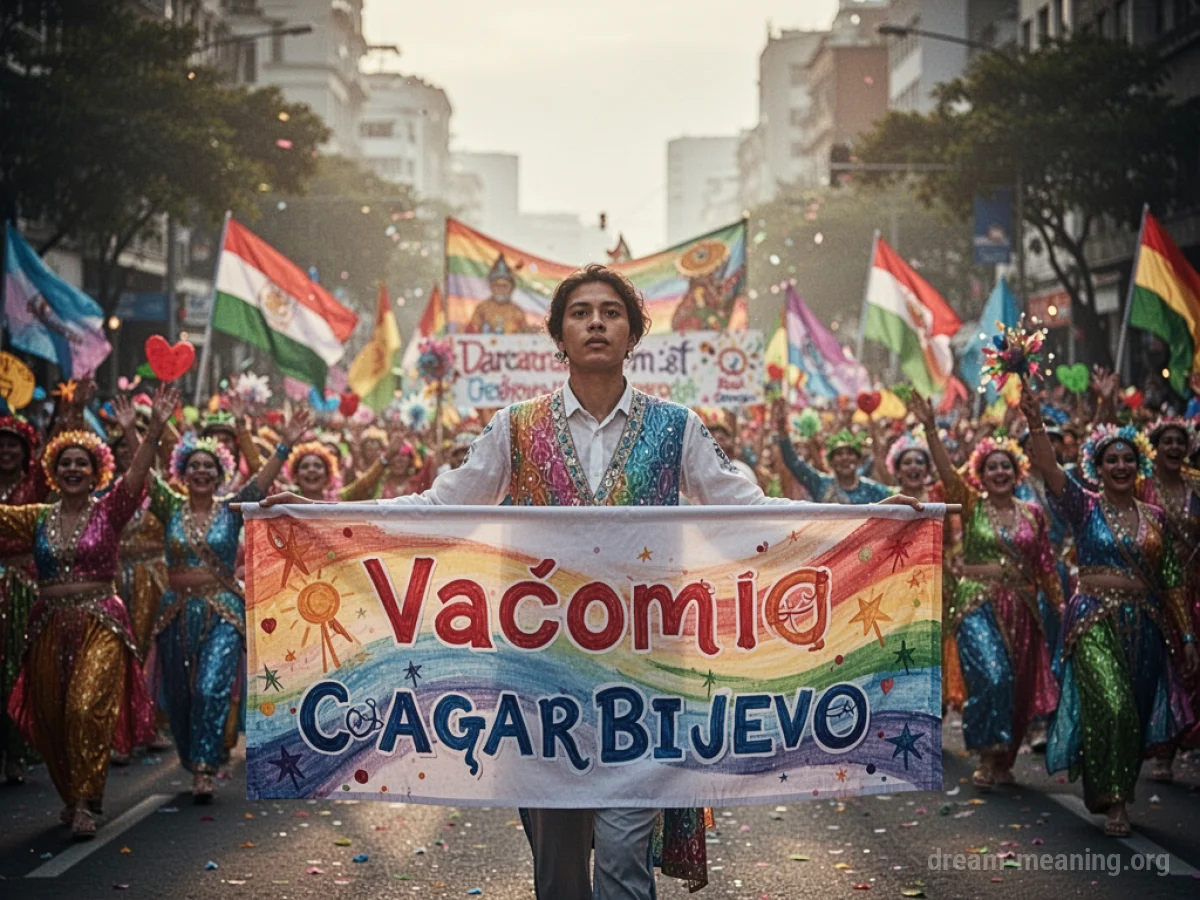 A person stands at the front of a vibrant parade procession.