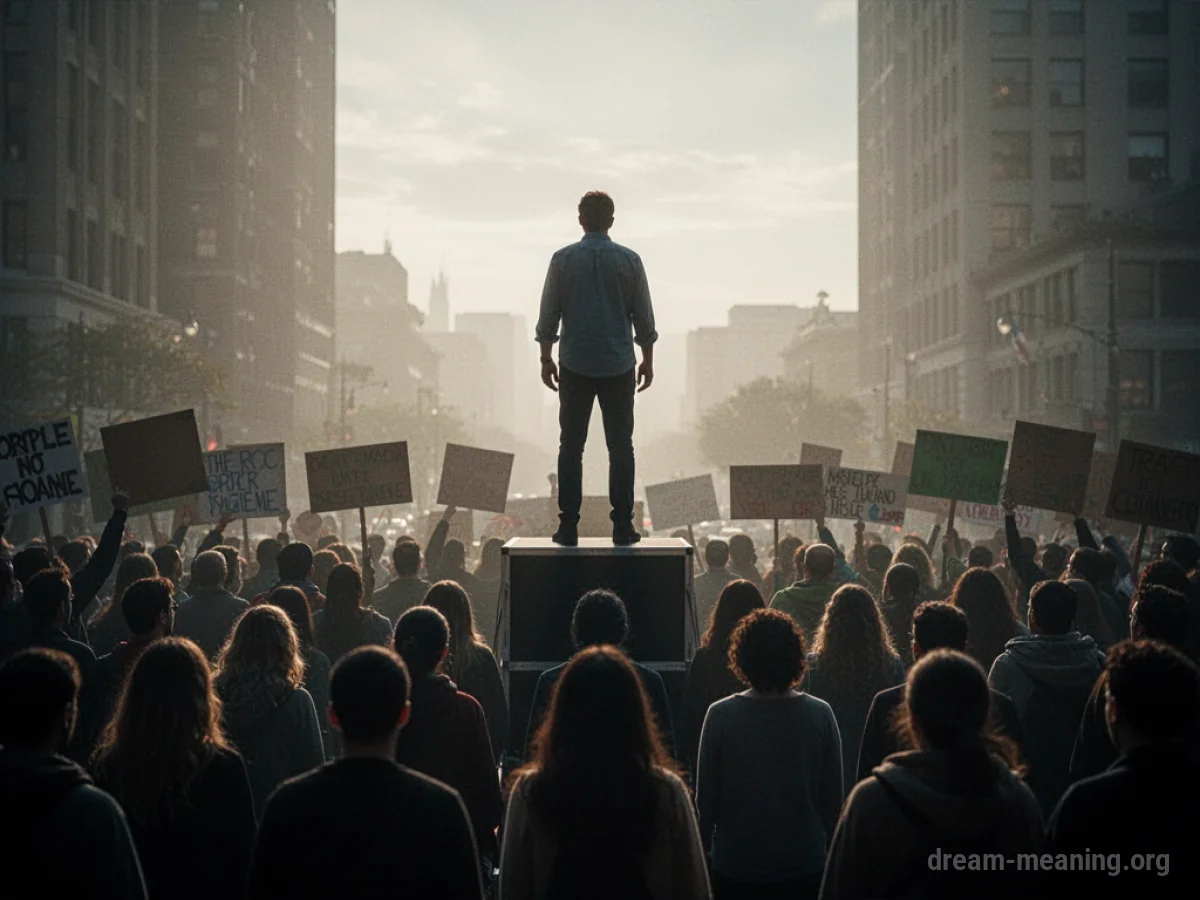 A person stands on a platform addressing a crowd.