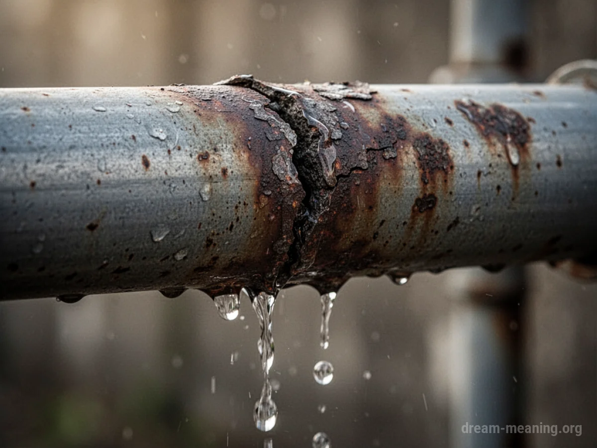 Water dripping from a crack in a metal pipe.