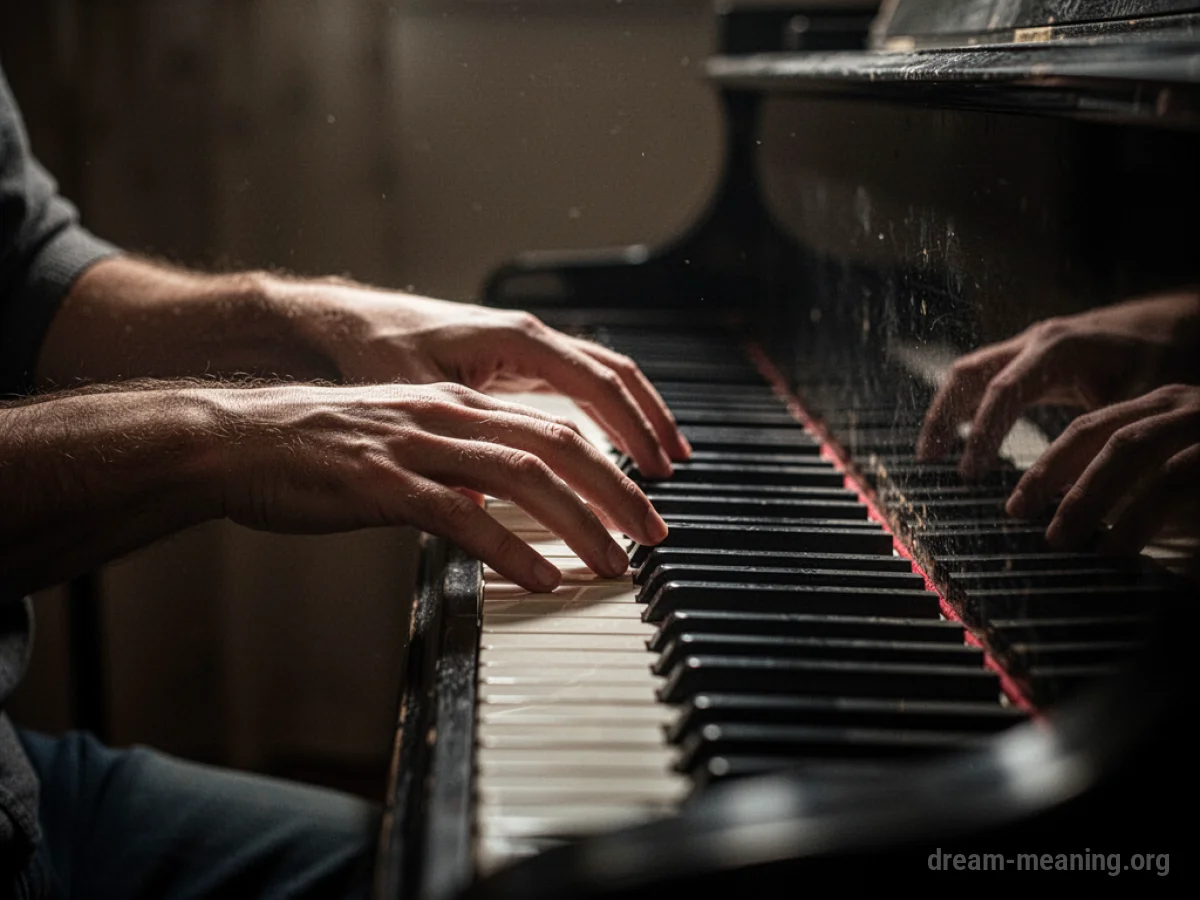 Hands reaching for piano keys.