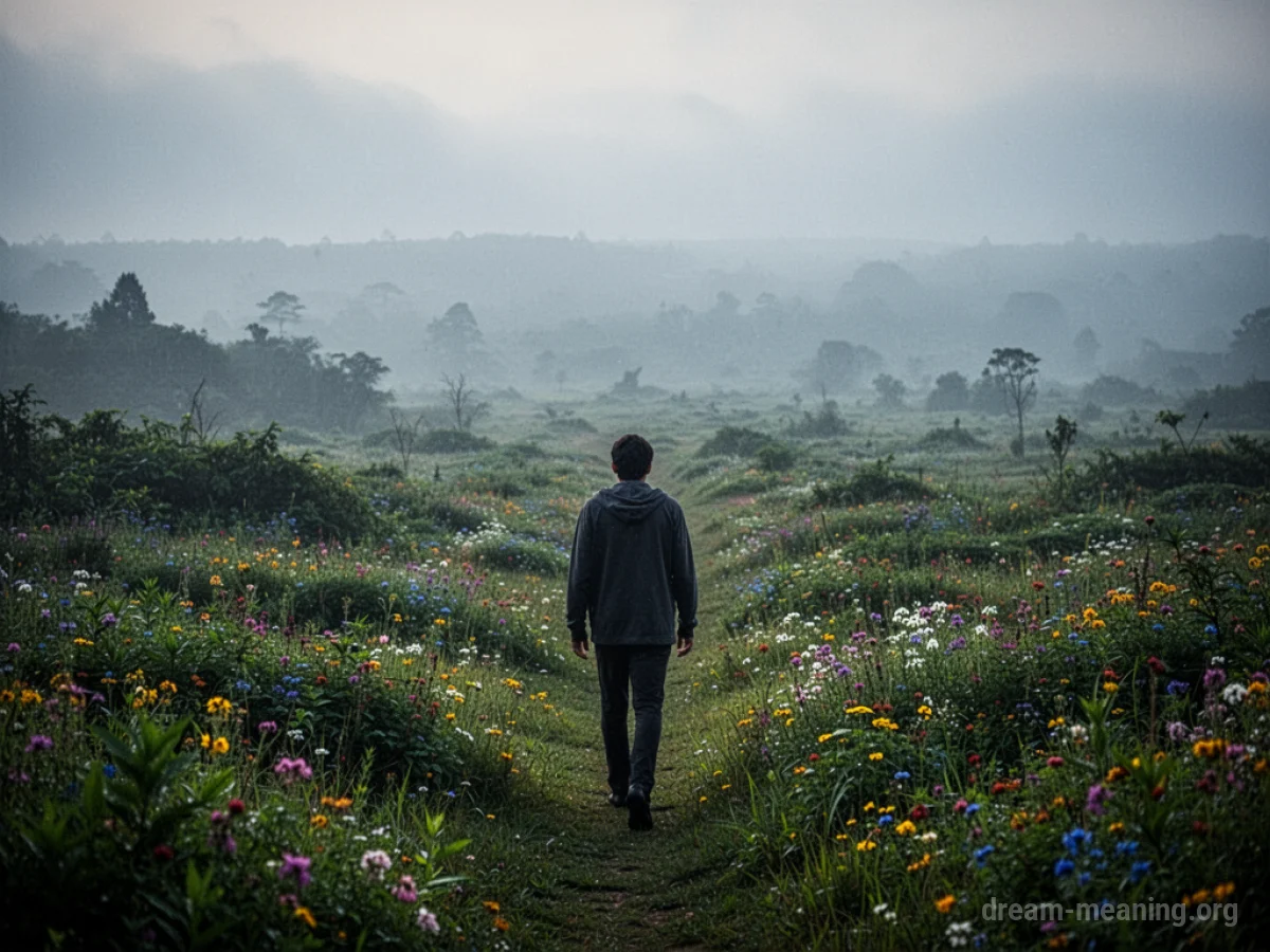 A person walks away from a bright, idyllic scene into a less defined area.