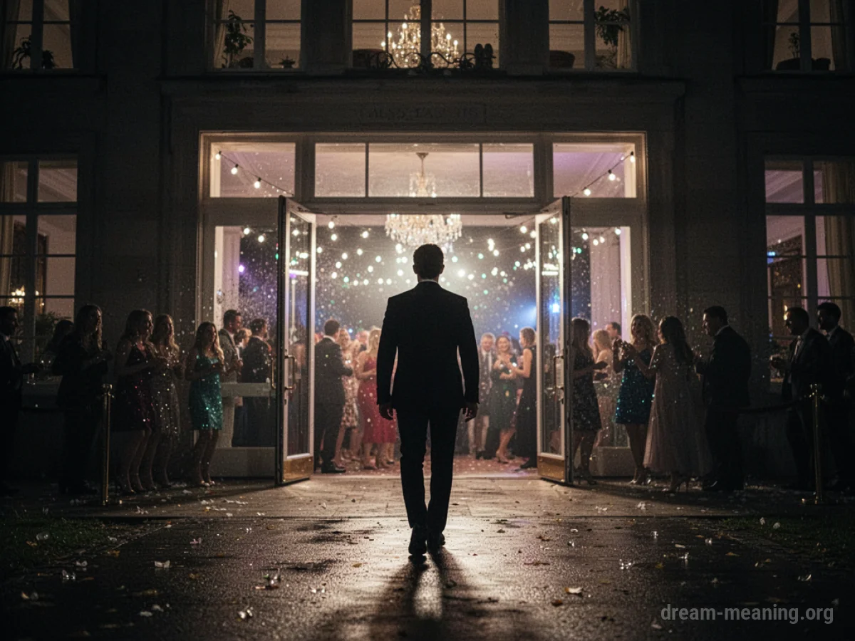 Silhouette of a person walking away from a building with lights and sounds of a party emanating from it.