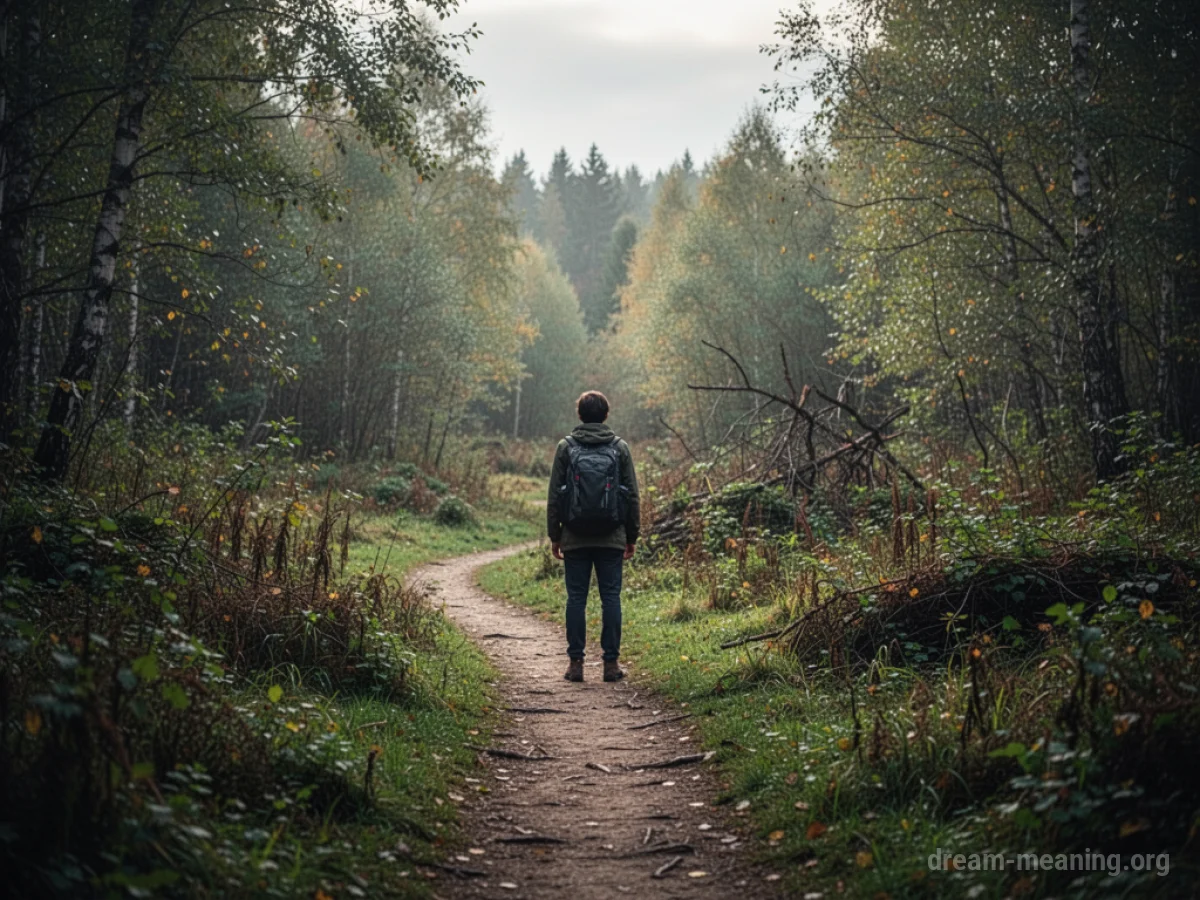 A person at the edge of a clear path looking into an untamed forest.