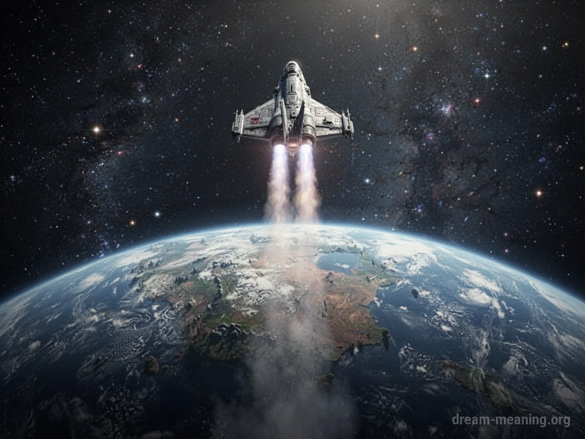 A spaceship moving away from a planet into space.