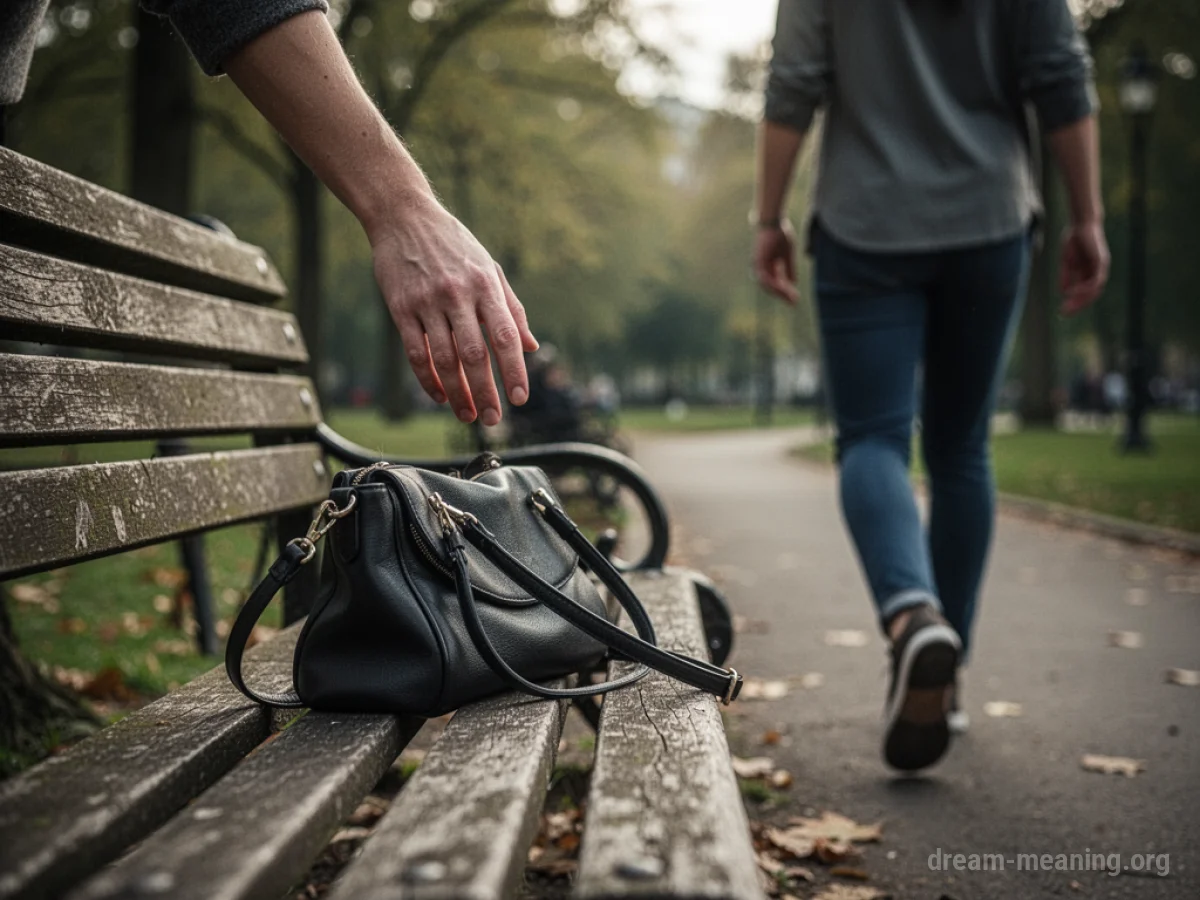 A hand reaching back towards a purse left on a park bench as a person walks away.